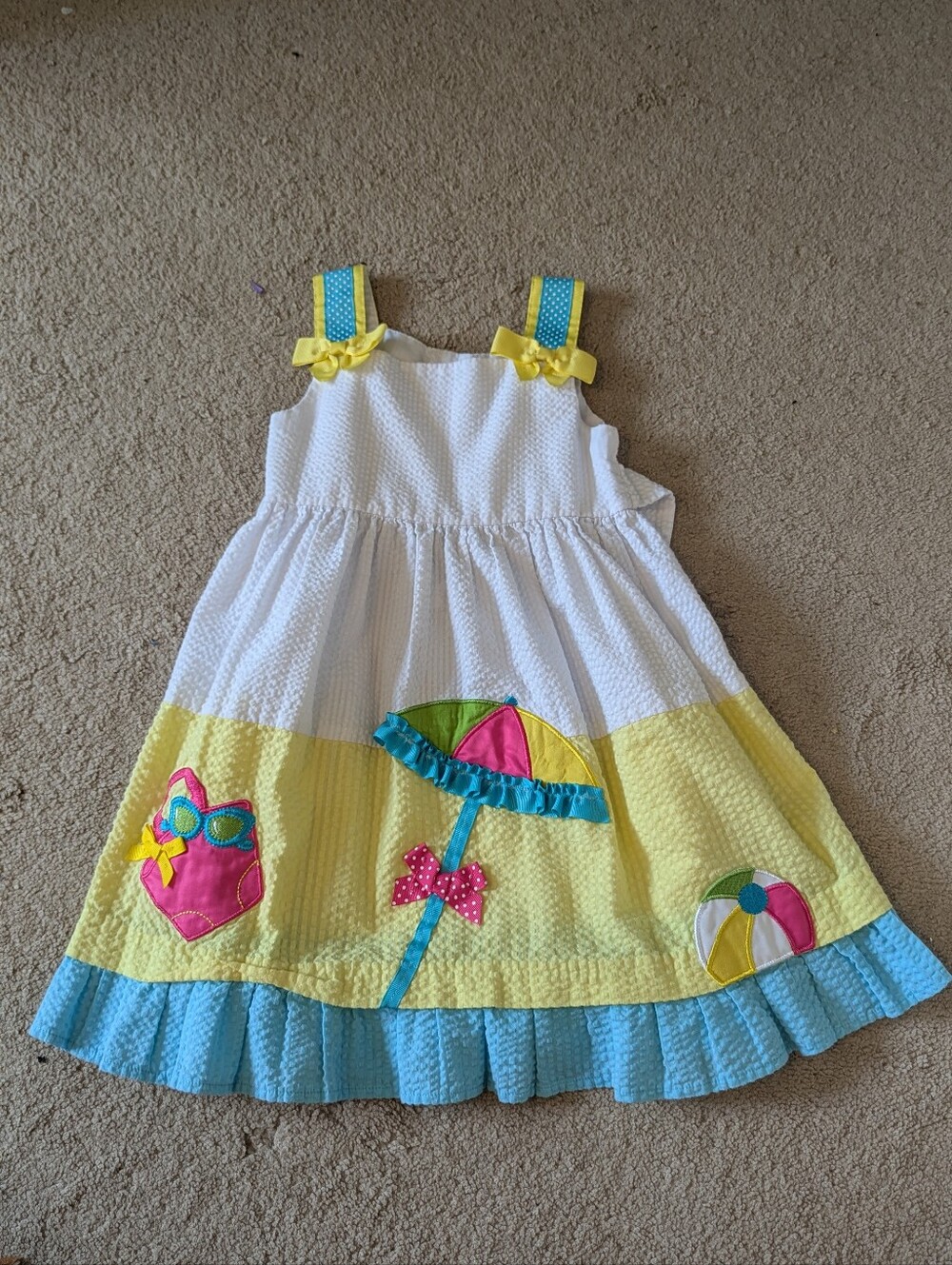 Emily Rose White and Yellow Beach Applique Sundress with Blue Trim